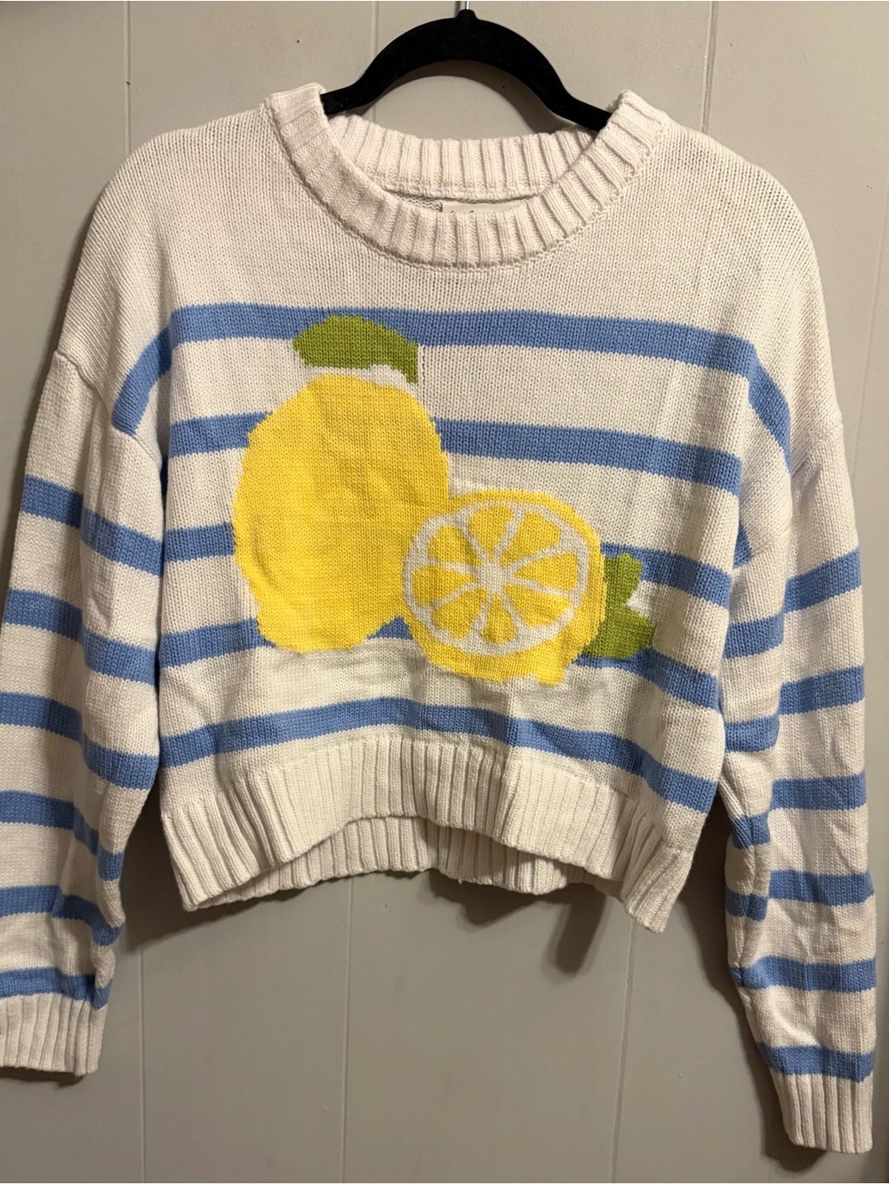 Freshman White Sweater with Blue Stripes & Yellow Lemon Motif crop
